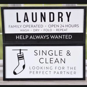 NEW Horizon Brand Black & White Laundry Room Fun Family Humor Wood Signs -2 Pack